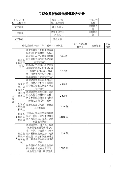 压型金属板检验批质量验收记录表