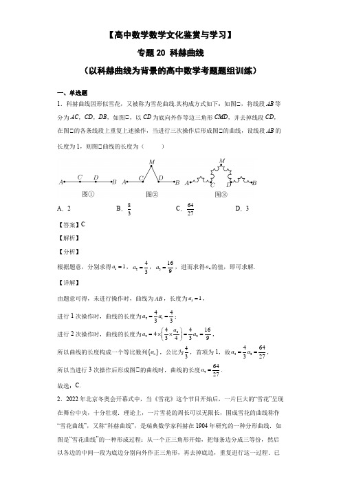 高中数学文化情景题专题20  科赫曲线(以科赫曲线为背景的高中数学考题题组训练)解析版