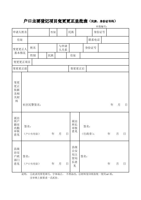 公安户政管理机关户口民族、身份证号码登记项目变更更正呈批表式样