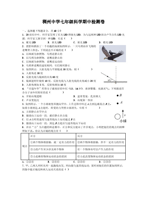 初中科学：浙江省义乌市稠州中学2024年上学期七年级科学期中检测卷(含参考答案)