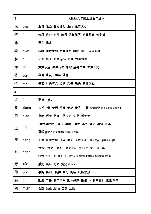 最新版六年级上册语文生字注音表