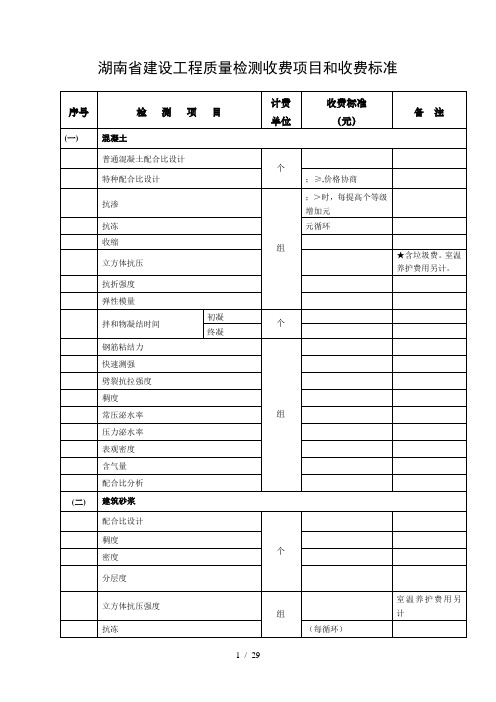 湖南省建设工程质量检测收费项目和收费标准