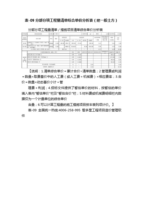 表-09分部分项工程量清单综合单价分析表（挖一般土方）