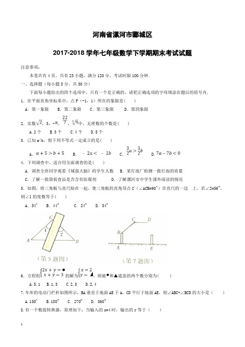 河南省漯河市郾城区2017_2018学年七年级数学下学期期末考试试题新人教版(附答案)