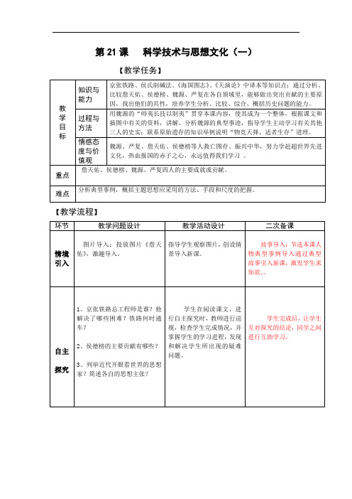 人教版历史八年级上册精品教案：第21课  科学技术与思