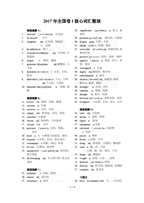 2017年全国卷I 核心词汇整理