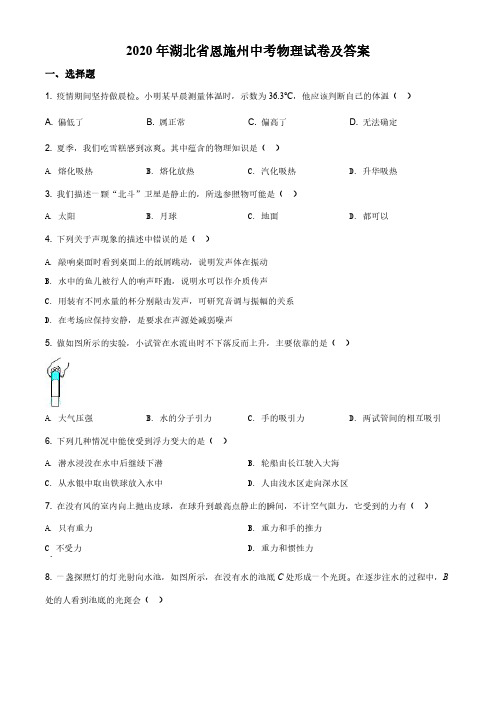 2020年湖北省恩施州中考物理试卷及答案