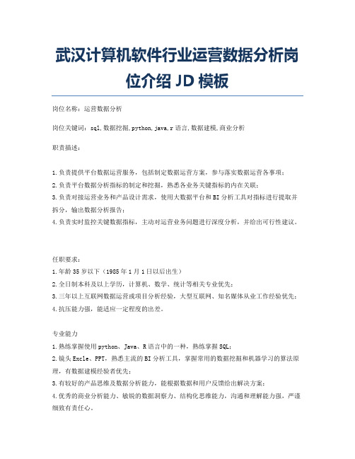 武汉计算机软件行业运营数据分析岗位介绍JD模板