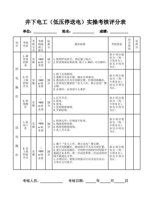 井下电工(低压停送电)实操考核评分表