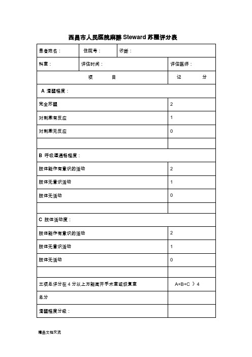 麻醉Steward苏醒评分表
