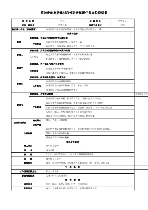 整装定制家居建材店长职责权限任务岗位说明书