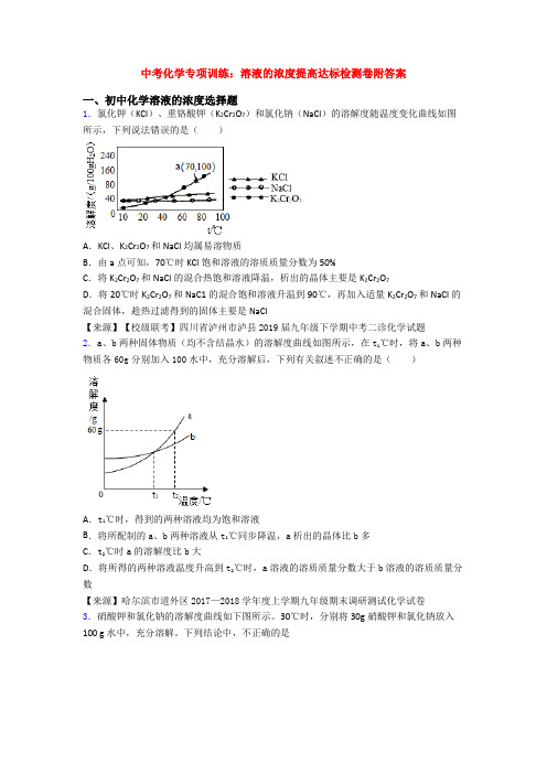 中考化学专项训练:溶液的浓度提高达标检测卷附答案