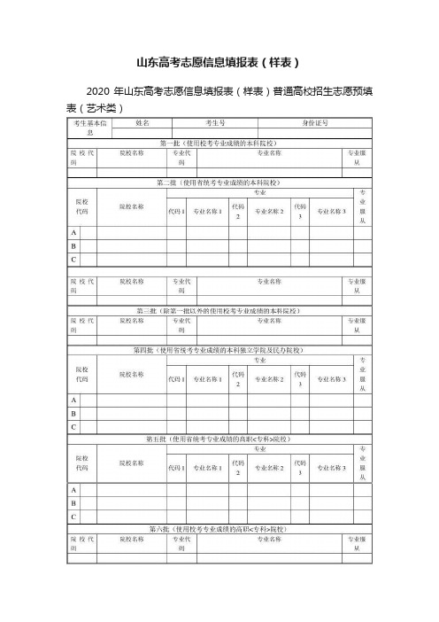 山东高考志愿信息填报表（样表）