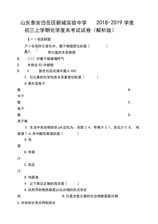 山东泰安岱岳区新城实验中学2018-2019学度初三上学期化学度末考试试卷(解析版)