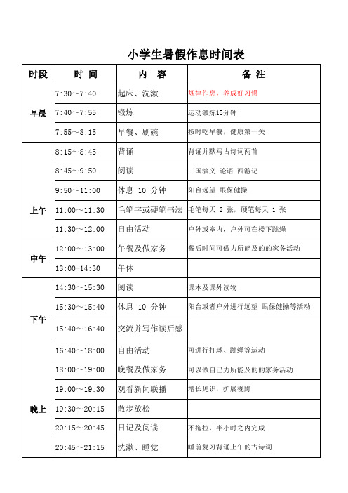 小学生暑假作息时间表(A4纸一张可直接编辑打印)