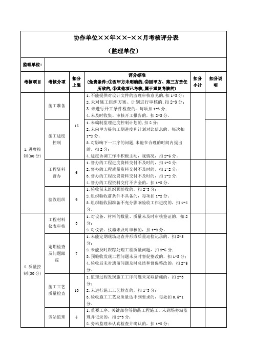 协作单位考核评分表