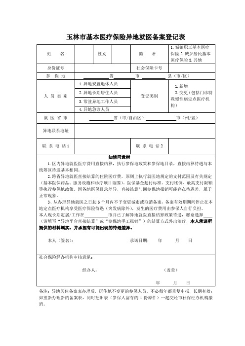 玉林市基本医疗保险异地就医备案登记表