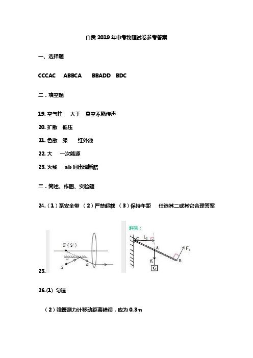 2019年自贡中考物理答案