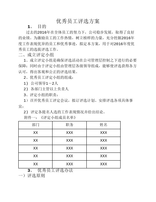 2016年度优秀员工评选方案