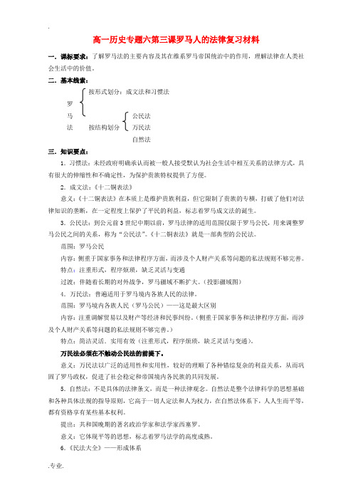 高一历史专题六第三课罗马人的法律复习材料 人民版 必修1