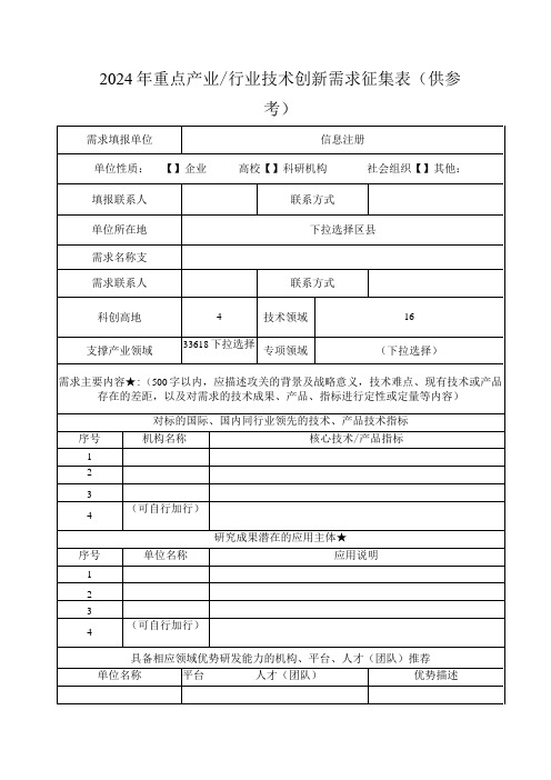 2024年重点产业行业技术创新需求征集表(供参考)