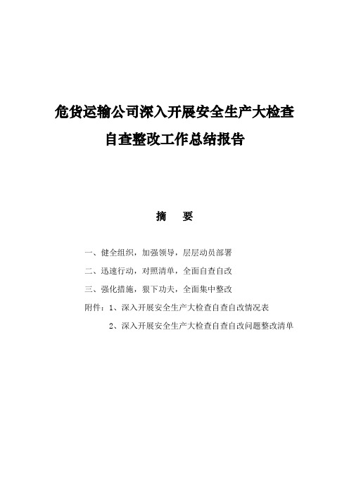 危货运输公司深入开展安全生产大检查自查整改工作总结报告