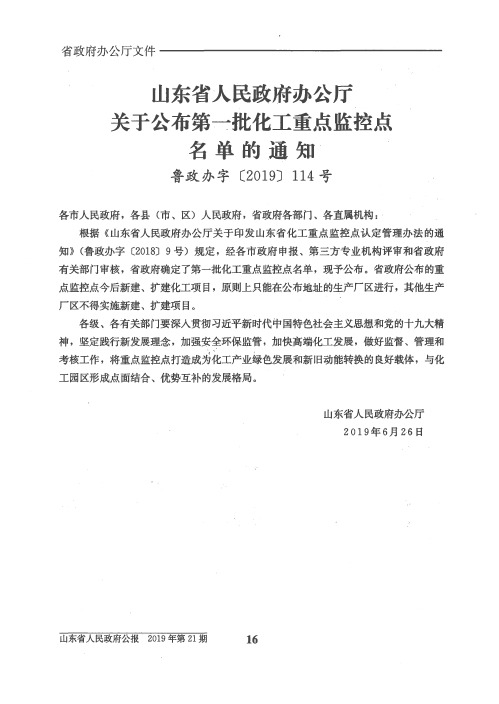 山东省人民政府办公厅关于公布第一批化工重点监控点名单的通知