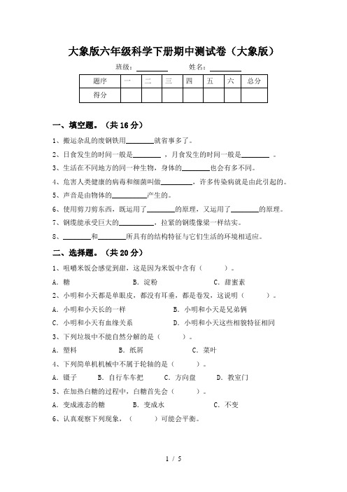 大象版六年级科学下册期中测试卷(大象版)