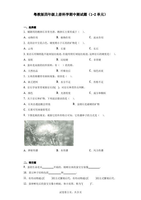 粤教版四年级上册科学期中测试题(1-2单元)