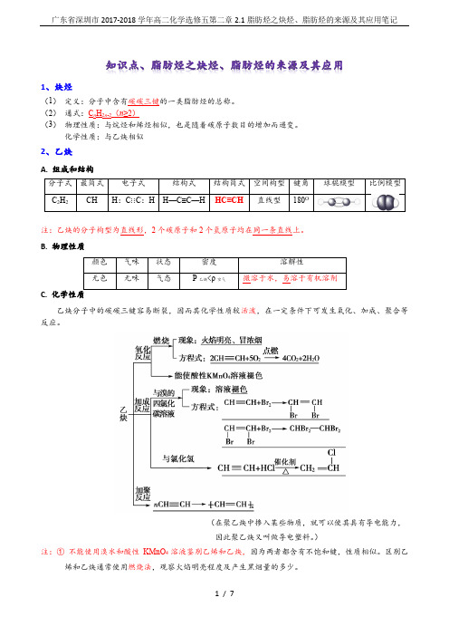 广东省深圳市2017-2018学年高二化学选修五第二章2.1脂肪烃之炔烃、脂肪烃的来源及其应用笔记