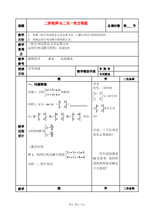 江苏省徐州市建平中学高二数学 二阶矩阵与二元一次方程组教案