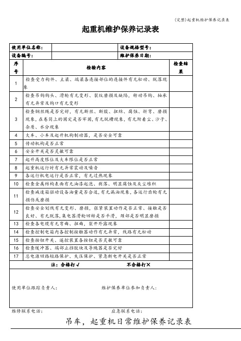 (完整)起重机维护保养记录表