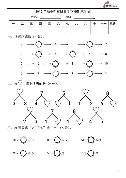 2016年学前班数学试卷(下册期末)