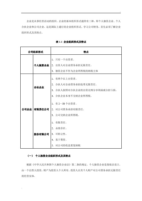 企业组织形式及其特点