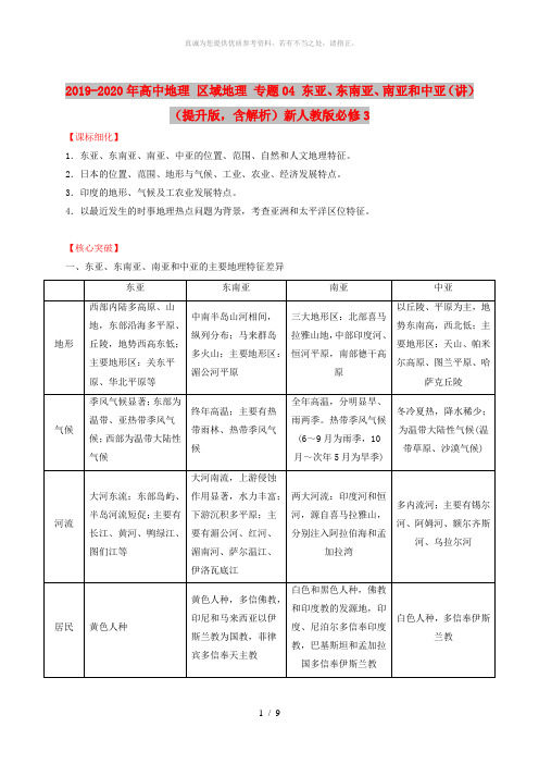 2019-2020年高中地理 区域地理 专题04 东亚、东南亚、南亚和中亚(讲)(提升版,含解析)新