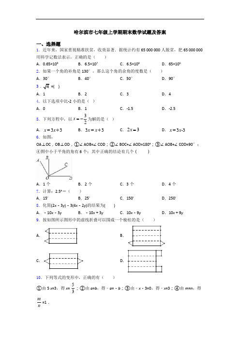 哈尔滨市七年级上学期期末数学试题及答案