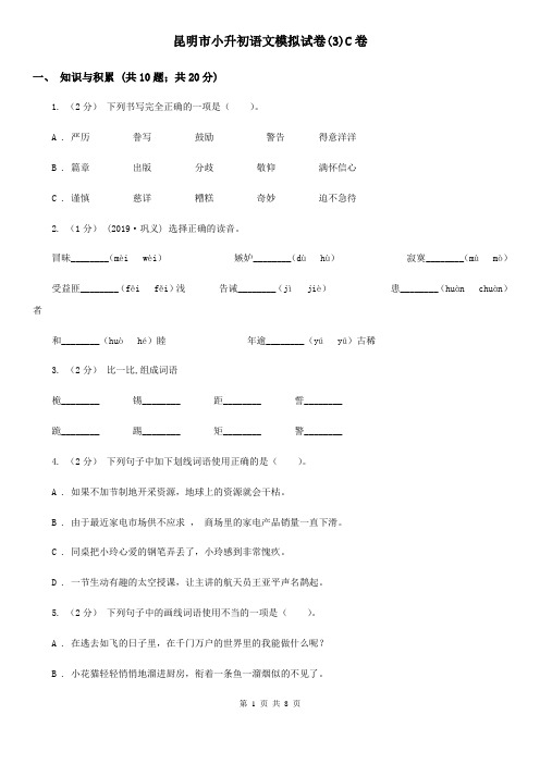 昆明市小升初语文模拟试卷(3)C卷