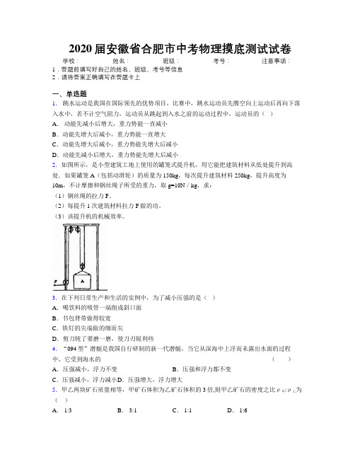 最新2020届安徽省合肥市中考物理摸底测试试卷及解析