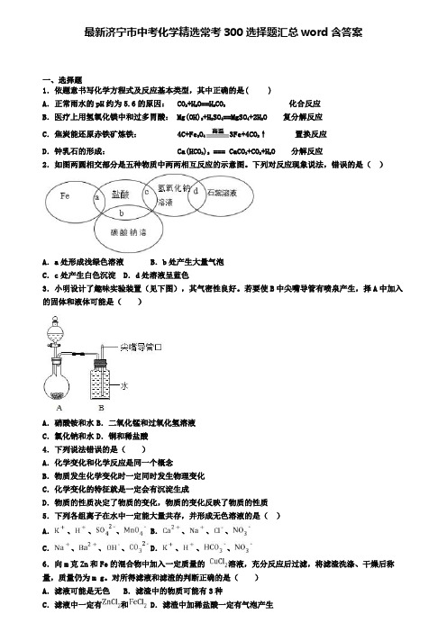 最新济宁市中考化学精选常考300选择题汇总word含答案