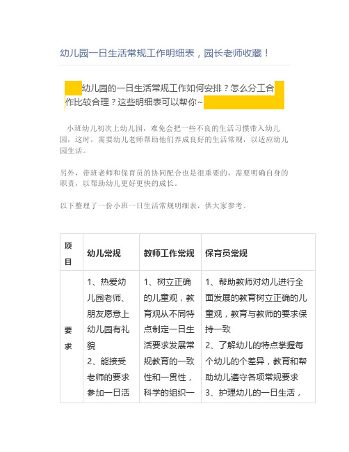 幼儿园一日生活常规工作明细表,园长老师
