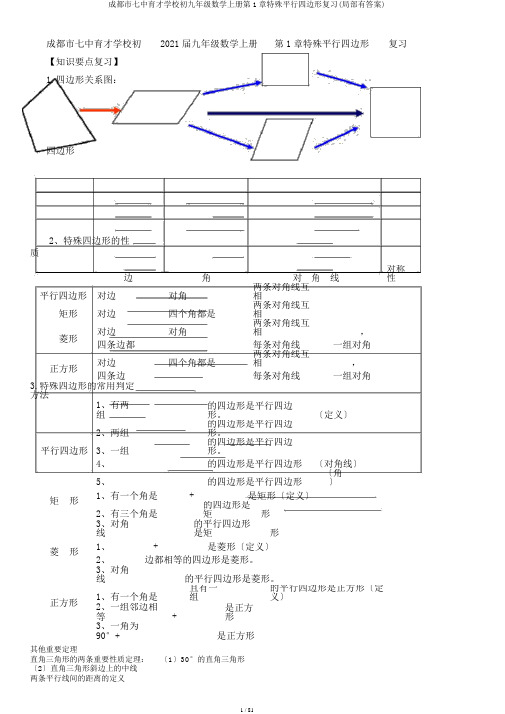 成都市七中育才学校初九年级数学上册第1章特殊平行四边形复习(部分有答案)