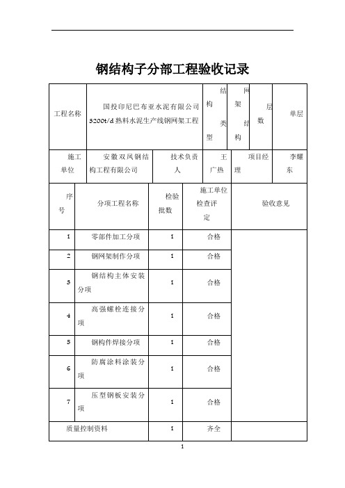 钢结构子分部工程验收记录