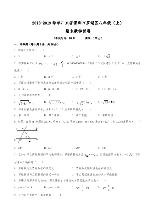 2018-2019学年广东省深圳市罗湖区八年级(上)期末数学试卷