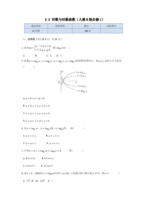 人教新课标版数学高一-数学人教B版必修一同步练测 3.2对数与对数函数