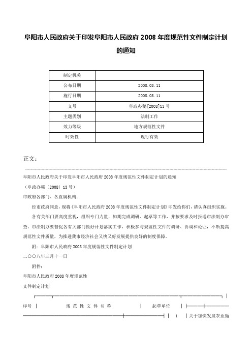 阜阳市人民政府关于印发阜阳市人民政府2008年度规范性文件制定计划的通知-阜政办秘[2008]13号