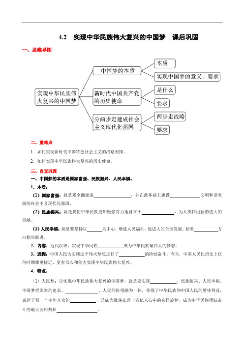 高中政治必修一 第4章第2节  实现中华民族伟大复兴的中国梦课后巩固(思维导图+填空)