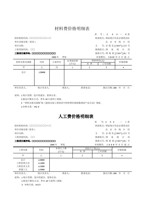 材料费价格明细表