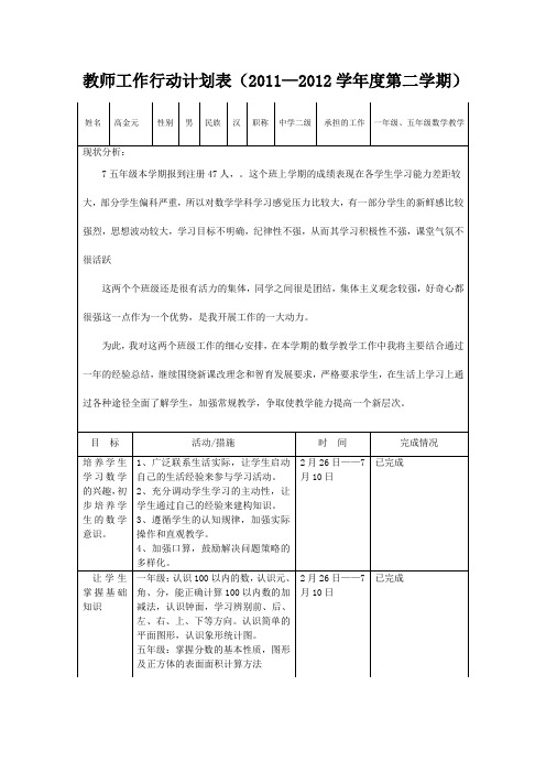 教师工作行动计划表