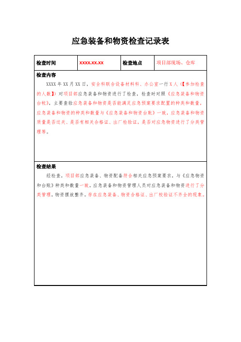 应急装备、物资检查表(项目部)