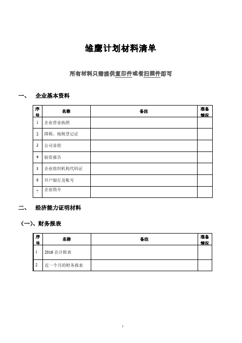 雏鹰计划材料清单